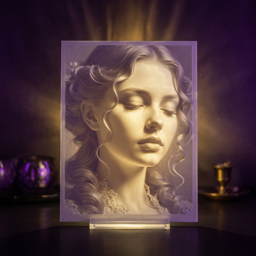 Backlit lithophane portrait with warm gold light